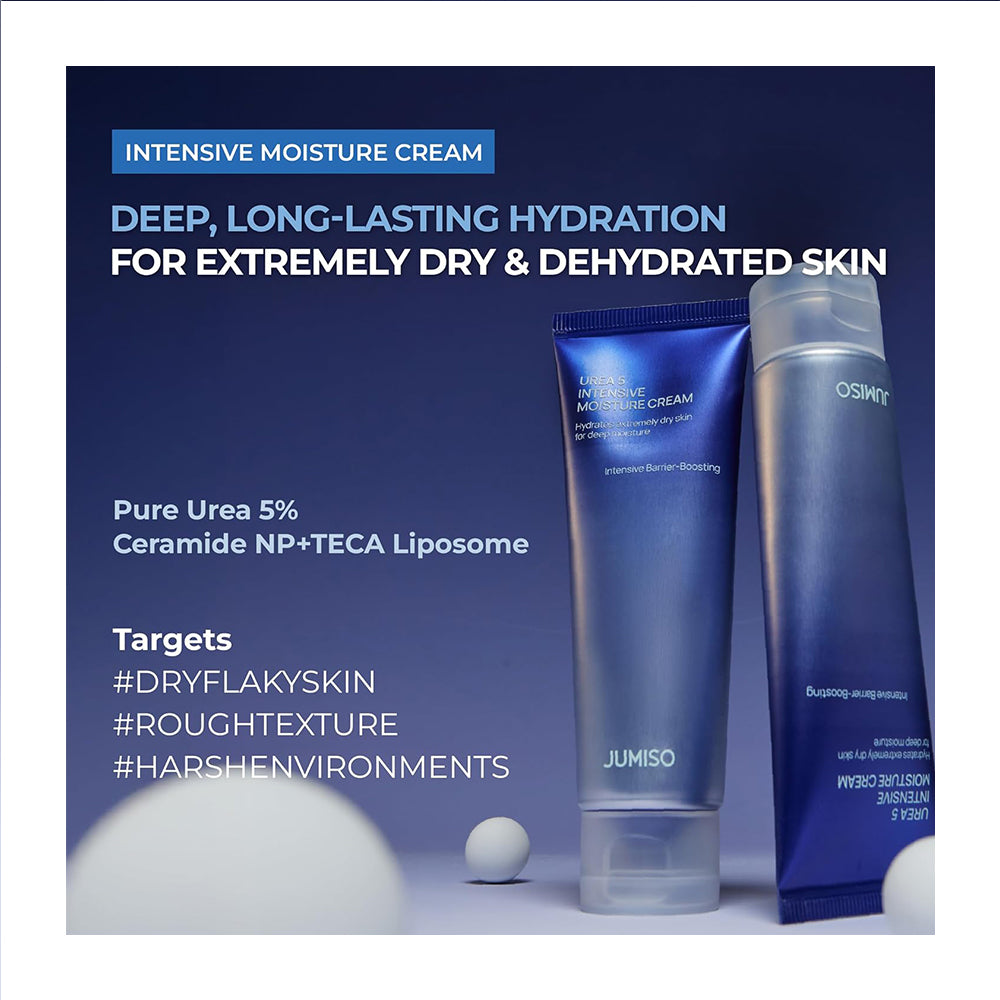 Two skincare products with text about intensive moisture cream on a blue background