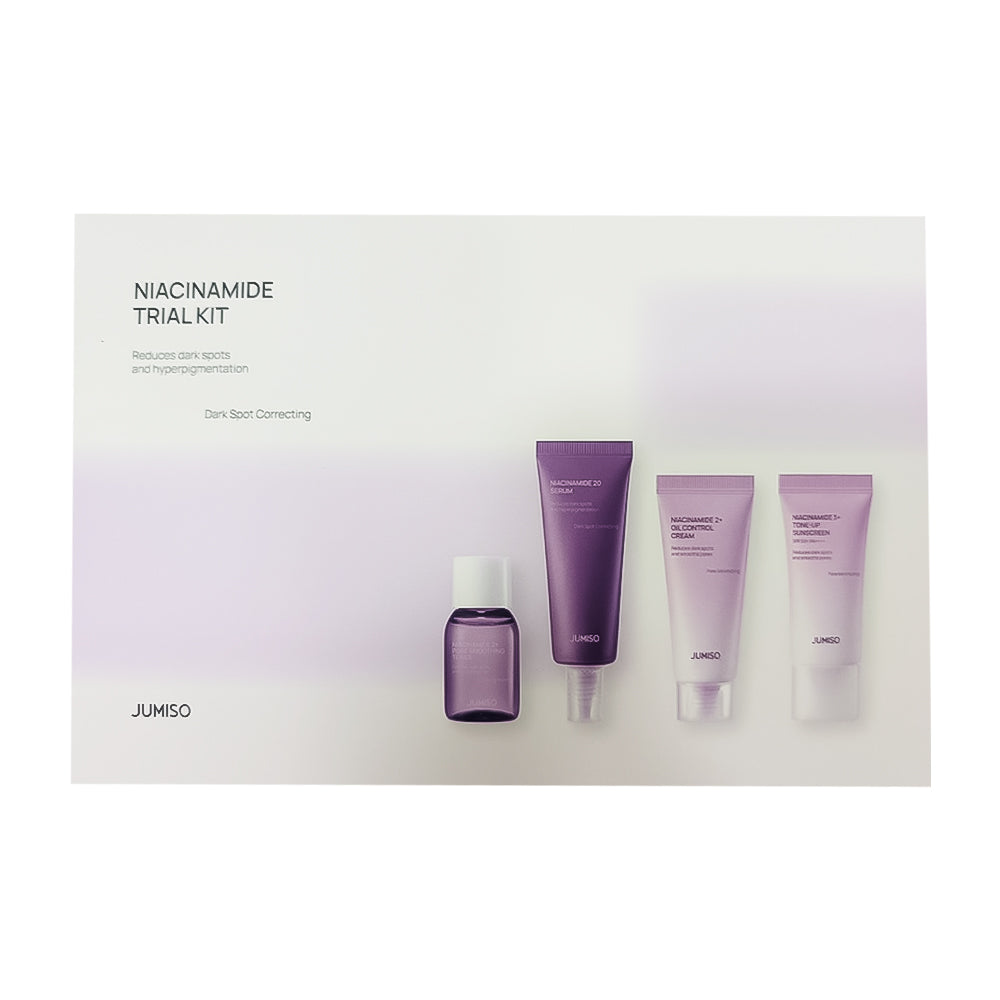 Jumiso niacinamide trial kit with four purple skincare products on a white background