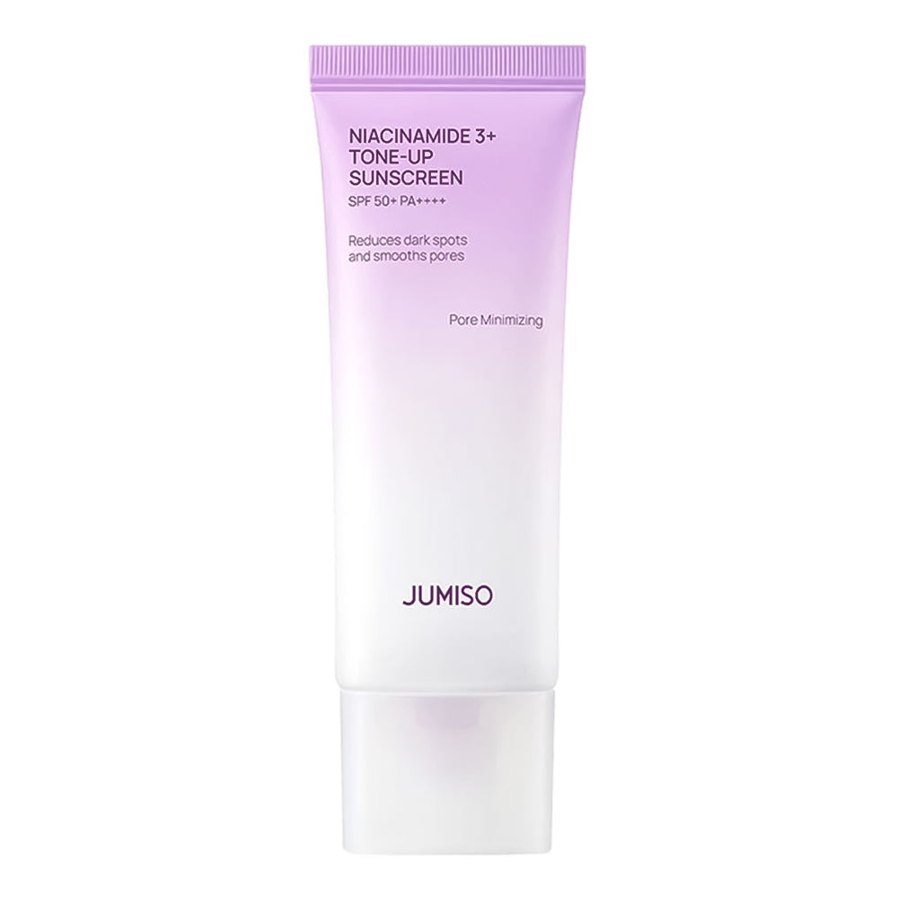 A tube of Jumiso Niacinamide 3+ Tone-Up Sunscreen SPF 50+ on a solid white background.