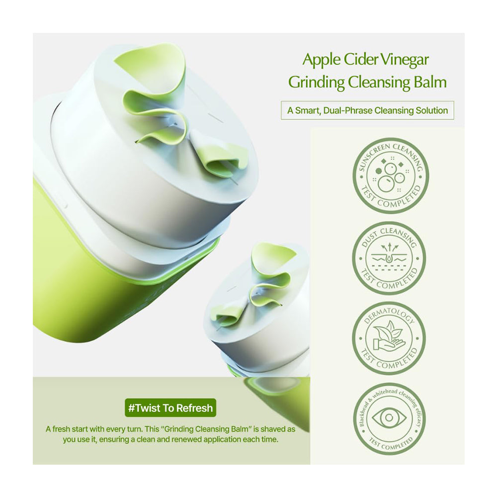 Apple Cider Vinegar Grinding Cleansing Balm shown in a clean product graphic with two views of the white and green container, accompanied by green text and certification-style seals on a pale background.