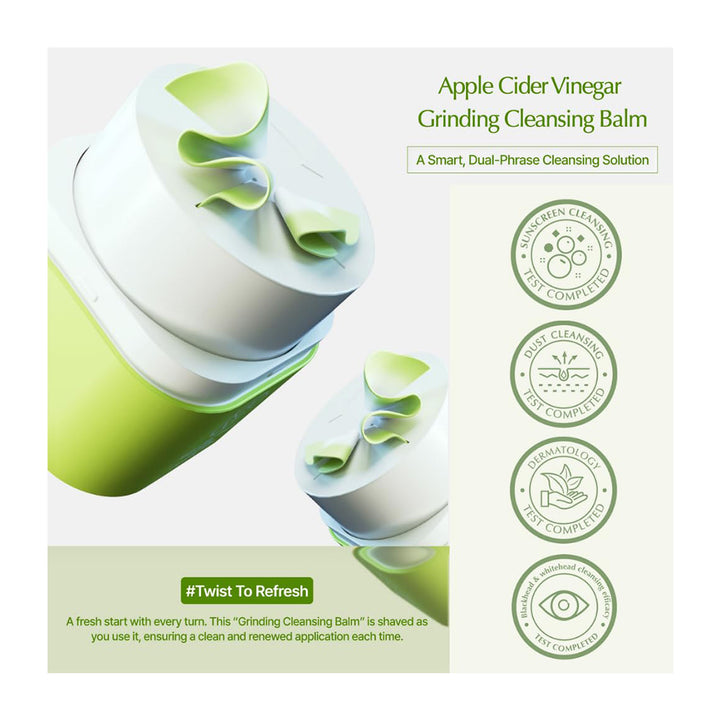 Apple Cider Vinegar Grinding Cleansing Balm shown in a clean product graphic with two views of the white and green container, accompanied by green text and certification-style seals on a pale background.