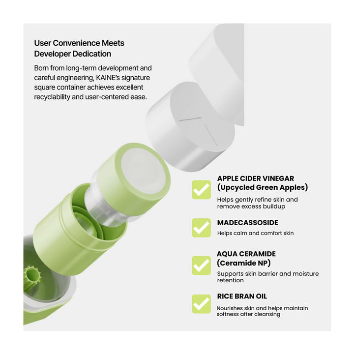 A product feature infographic showing a skincare bottle disassembled into its components, with text highlighting benefits for apple cider vinegar, madecassoside, aqua ceramide, and rice bran oil.