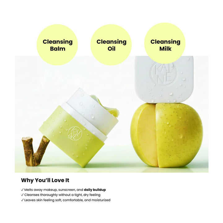 Three skincare products labeled Cleansing Balm, Cleansing Oil, and Cleansing Milk are arranged on a white background with green circles above them and marketing text below.