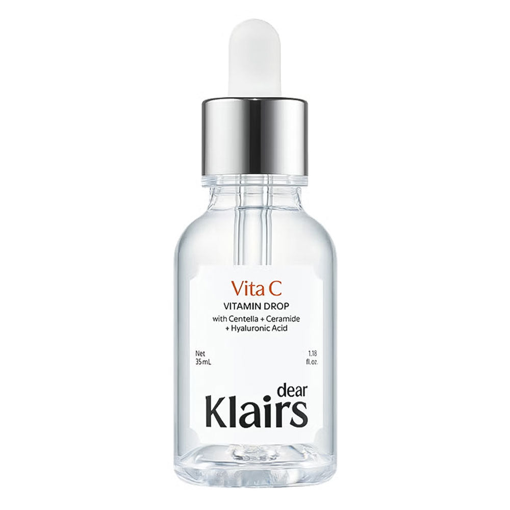 A clear glass dropper bottle of dear Klairs Vita C Vitamin Drop serum with a white label and a silver cap, shown on a plain white background.
