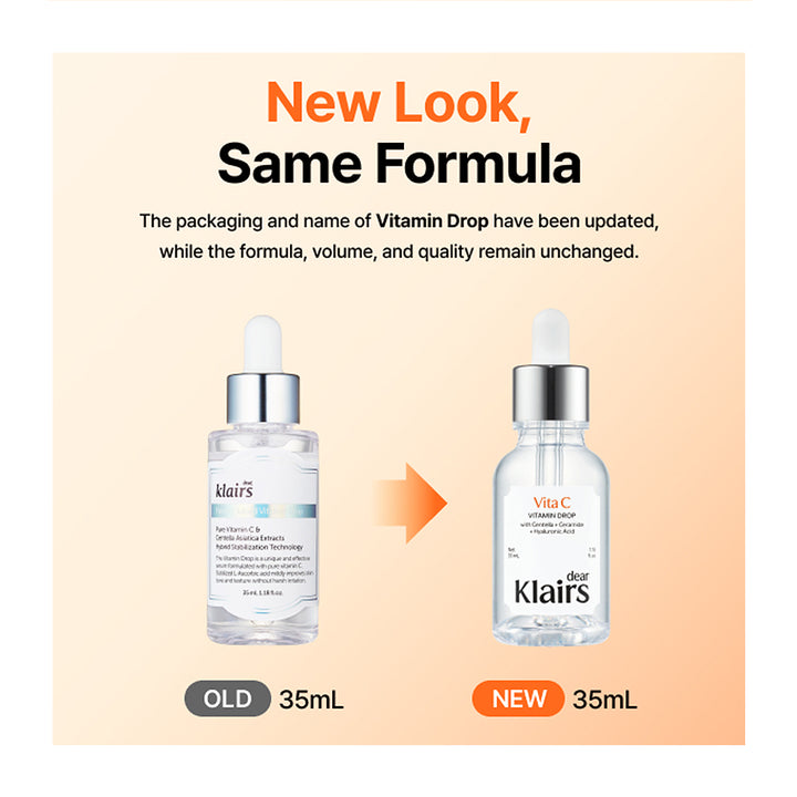 A promotional graphic showing two bottles of dr. Klairs Vitamin Drop side by side with text explaining that the packaging and name have been updated while the formula remains unchanged.