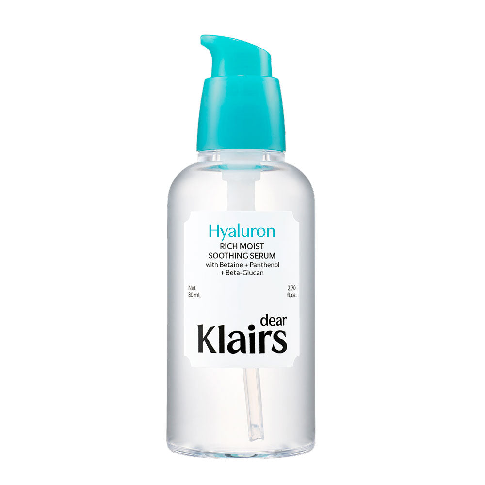 A bottle of Dear Klairs Hyaluron Rich Moist Soothing Serum with a clear plastic body, white label, and bright turquoise pump dispenser, shown on a plain white background.