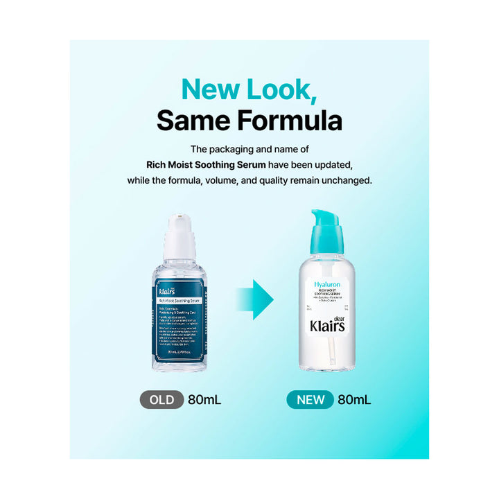A promotional graphic for Klairs Rich Moist Soothing Serum showing the old and new bottle packaging. The left bottle is labeled &