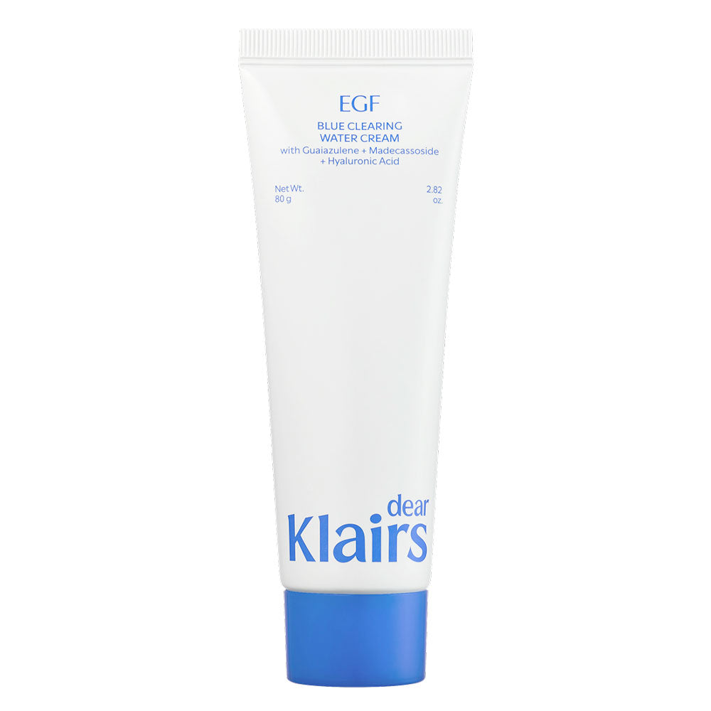 A white squeeze tube of Clairs EGF Blue Cleaming Hair Cream with a blue cap, centered on a plain white background.