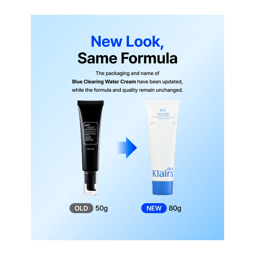Promotional graphic showing the old and new packaging of Blue Clearing Water Cream. On the left, the old black 50g tube is labeled &