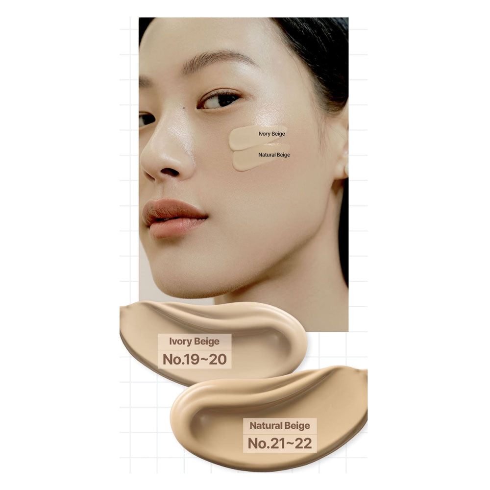 Close-up of a woman's face with foundation samples labeled 'Ivory Beige' and 'Natural Beige' on a white background.