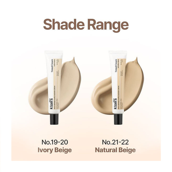 Two tubes of Klairs cream with beige color swatches and shade numbers on a white background.