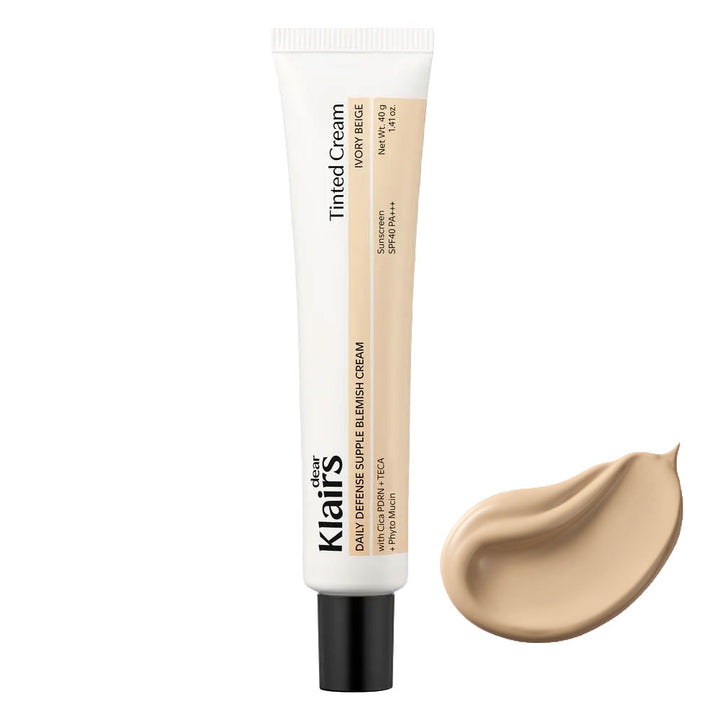Klairs tinted cream tube with a swatch on a white background