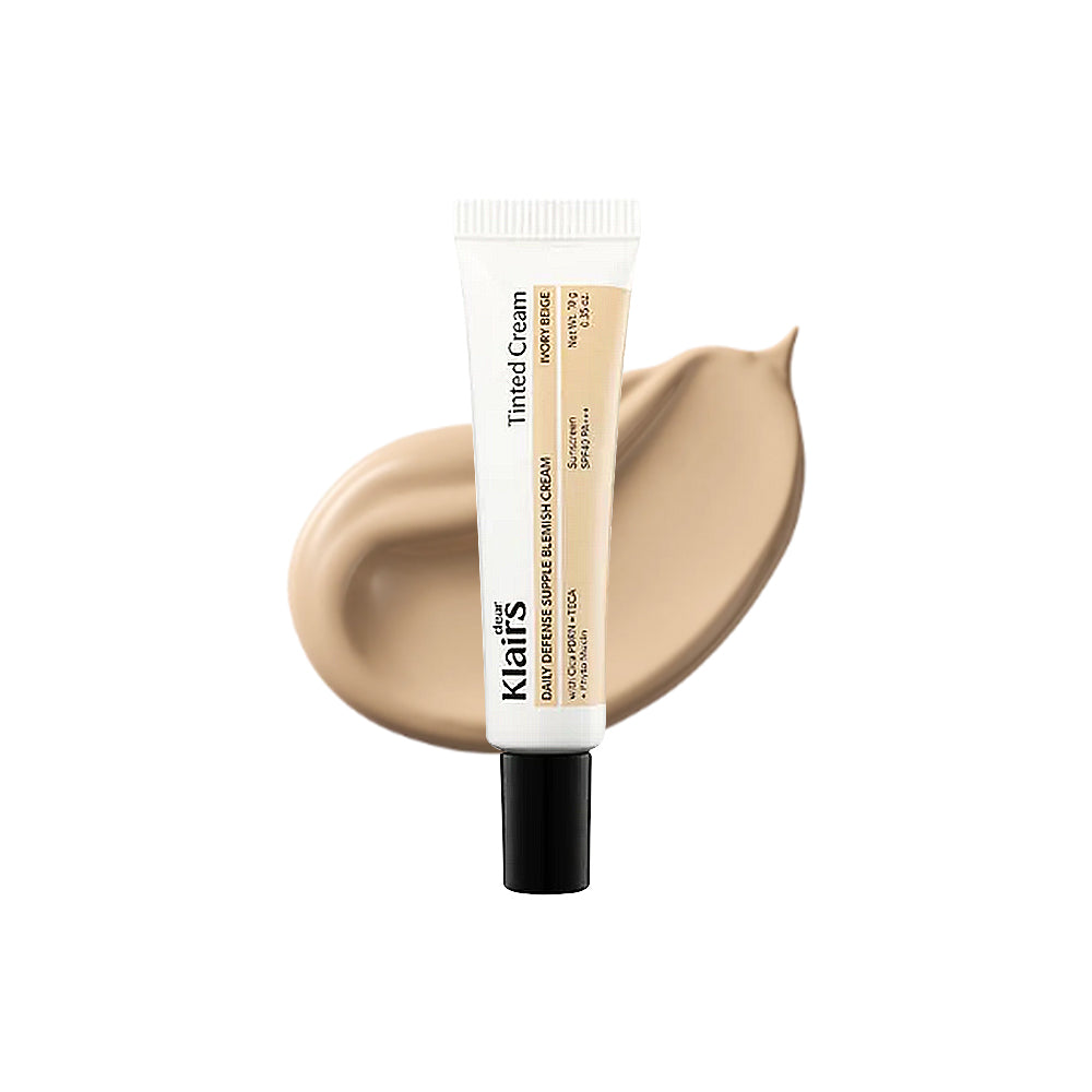 Klairs tinted cream tube with a swatch on a white background