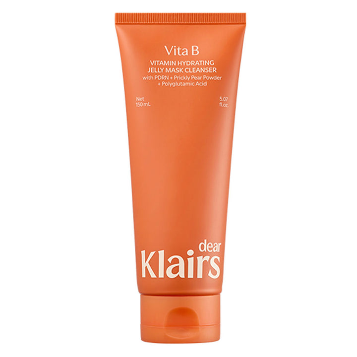 Orange tube of Klairs Vita B Vitamin Hydrating Jelly Mask Cleanser on a white background