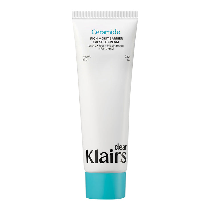 A white squeeze tube of Clairs Ceramide Rich Moist Barrier Capsule Cream with a bright turquoise cap, centered on a plain white background.