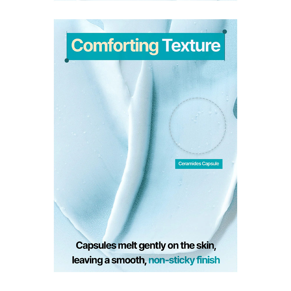 A promotional product image for a skin-care product showing a close-up of smooth, pale blue fabric with water droplets and text reading &