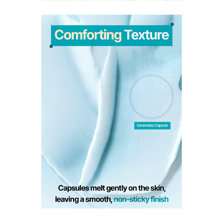 A promotional product image for a skin-care product showing a close-up of smooth, pale blue fabric with water droplets and text reading &