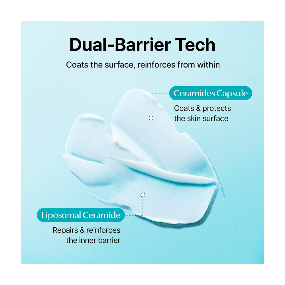 An informational graphic on a light blue background explaining the Dual-Barrier Tech formula. A white cream smear is shown with callouts reading &