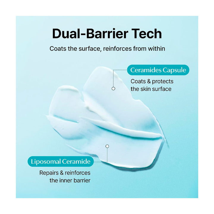 An informational graphic on a light blue background explaining the Dual-Barrier Tech formula. A white cream smear is shown with callouts reading &