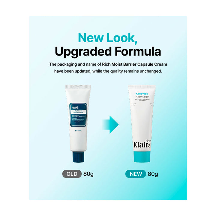 A promotional graphic showing the updated packaging of Klairs Rich Moist Barrier Capsule Cream. The text reads &