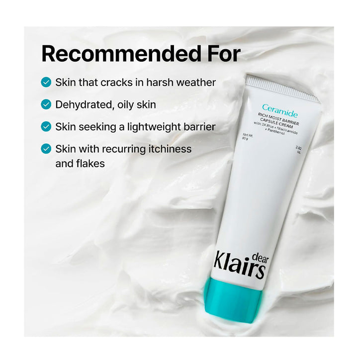 Klairs Clear Ceramide B5 Moisturizer in a white squeeze tube with a teal cap, shown on a white textured background next to a &