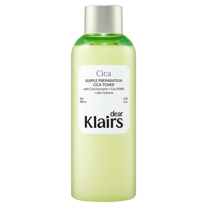 A 300 mL bottle of dear klairs Cica Supple Preparation Cica Toner, featuring a pale yellow-green liquid inside a translucent bottle with a silver cap and a white label.