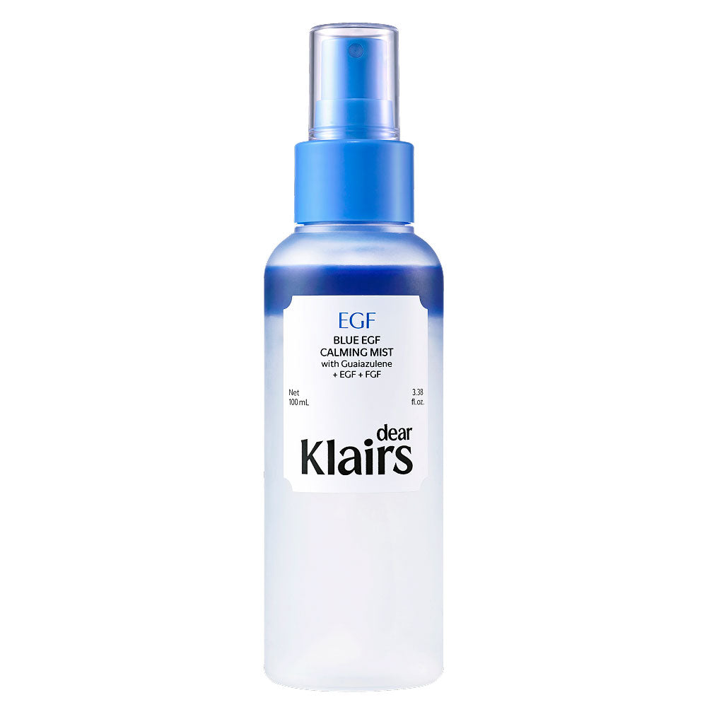 A bottle of Clairs Blue EGF Calming Mist with a blue spray nozzle and a white label, shown on a solid white background.