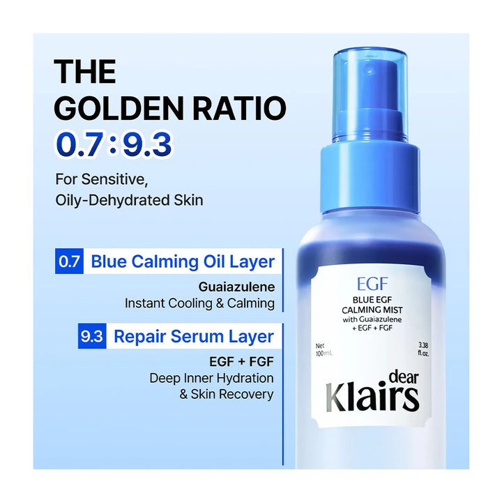 Klairs Blue EGF Calming Mist spray bottle on a light blue background with promotional text detailing its blue calming oil layer and repair serum layer.