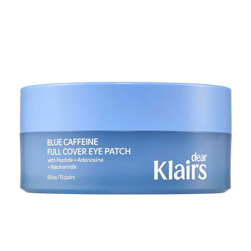 A round blue cosmetic jar of Klairs Blue Caffeine Full Cover Eye Patch on a plain white background.