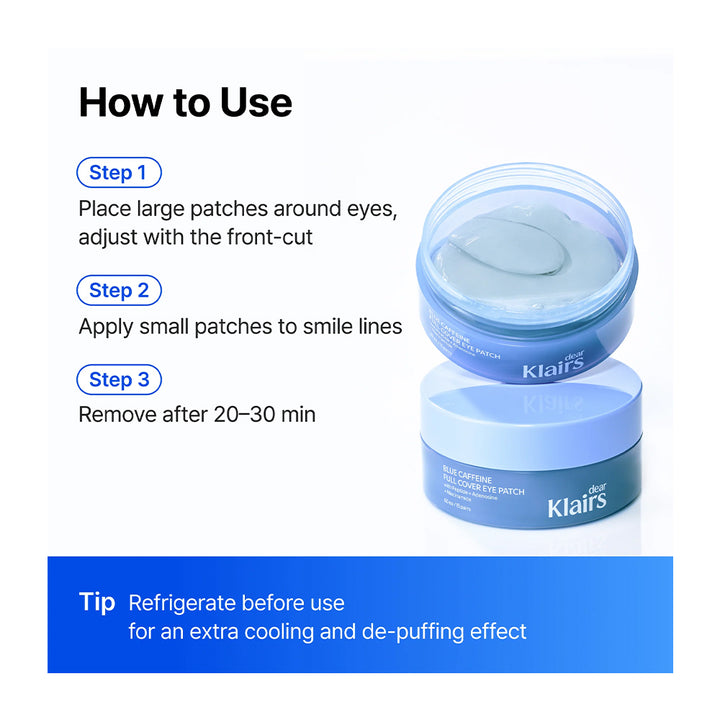 Instruction graphic for Klairs All-Careway Moisture Match eye patches, showing three usage steps and a photo of the blue jar with the lid open and one patch applied.