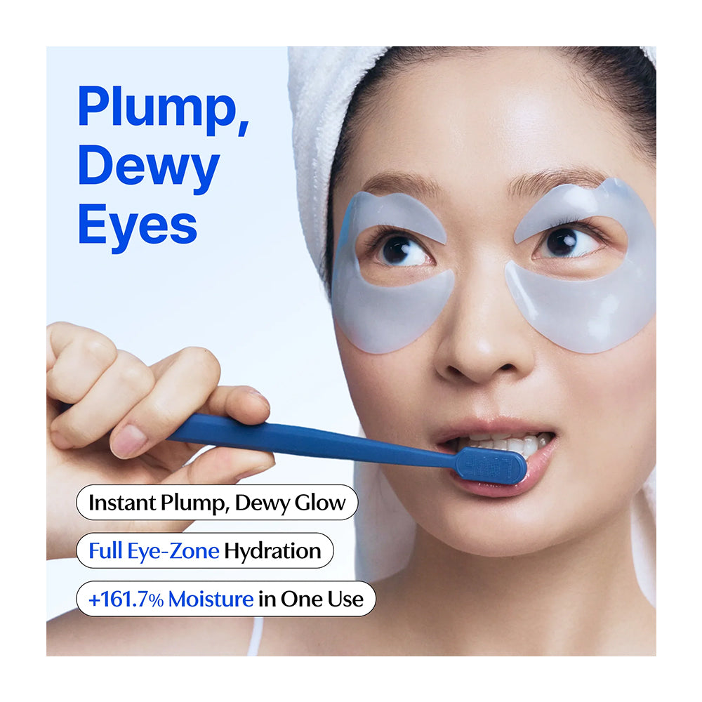 A woman with under-eye patches holds a blue toothbrush near her mouth while the text reads 'Plump, Dewy Eyes' and lists eye hydration benefits.