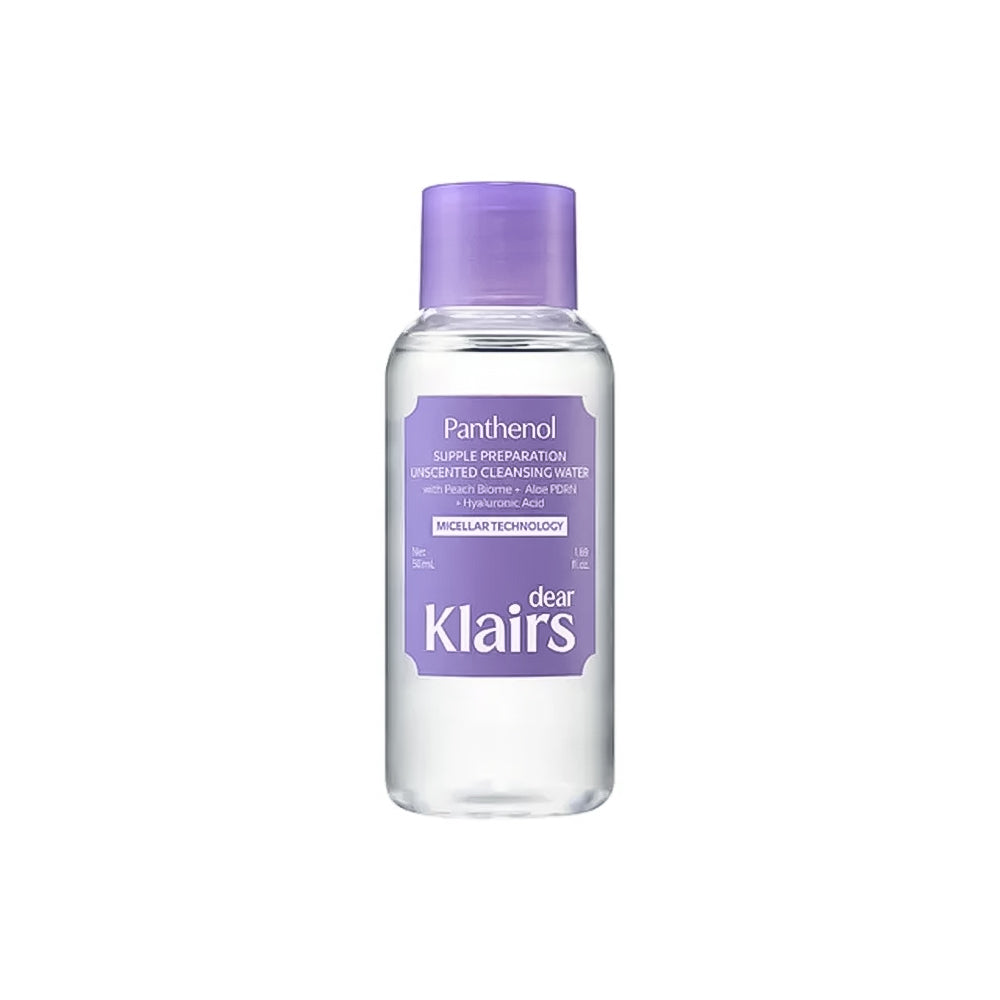 A bottle of Dear Klairs Panthenol Super Preparation Unscented Cleansing Water with a purple cap and purple label, shown on a plain white background.