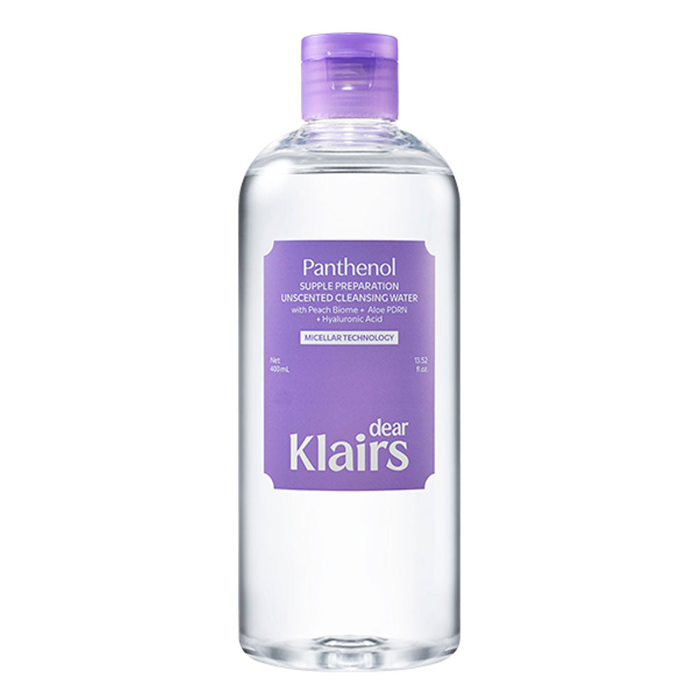 A 400 ml bottle of dear Klairs Panthenol Supple Preparation Unscented Cleansing Water. The bottle is made of transparent plastic, showing the clear liquid inside, and features a prominent purple label and a matching purple flip-top cap, set against a plain white background.