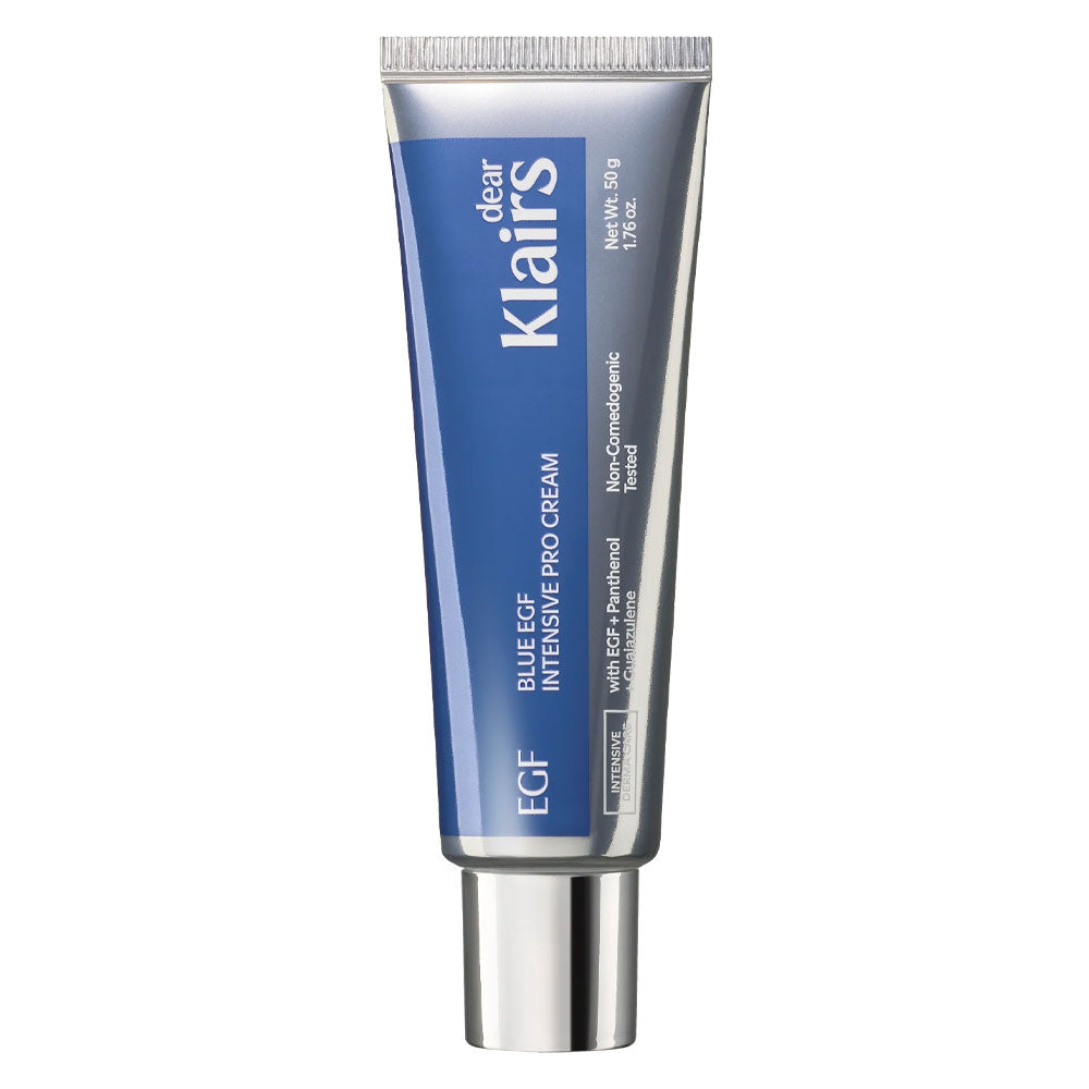A tube of clearKlairs Blue EGF Intensive Pro Cream with a blue and silver design, shown on a plain white background.