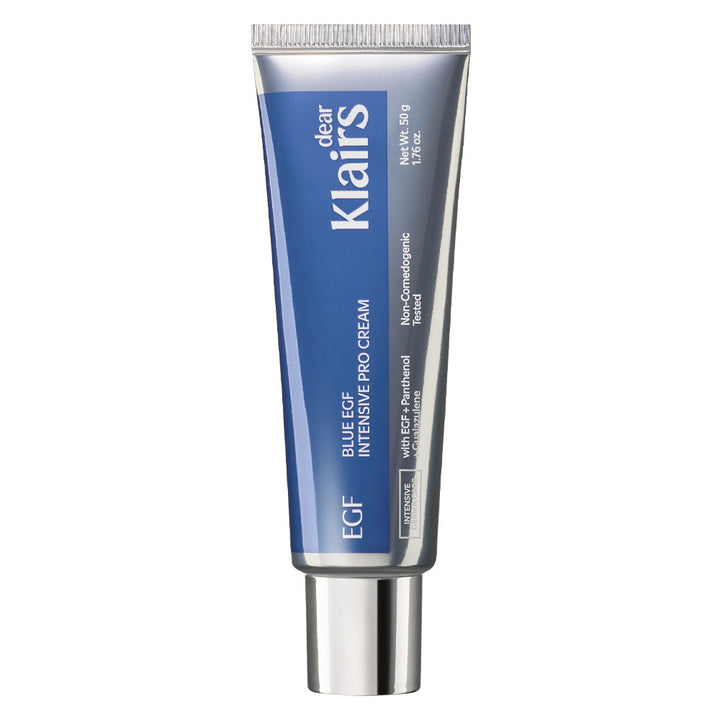 A tube of clearKlairs Blue EGF Intensive Pro Cream with a blue and silver design, shown on a plain white background.