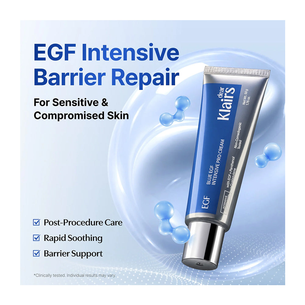 A tube of Klaars EGF Intensive Barrier Repair Blue EGF Intensive Pro-Cream shown on a light blue graphic background with text highlighting benefits for sensitive and compromised skin.