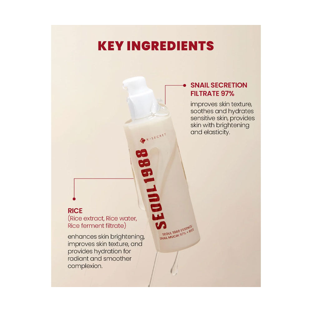 KSECRET SEOUL 1988 Essence: Snail Mucin 97% + Rice - Peaches&Creme Shop Korean Skincare Malta