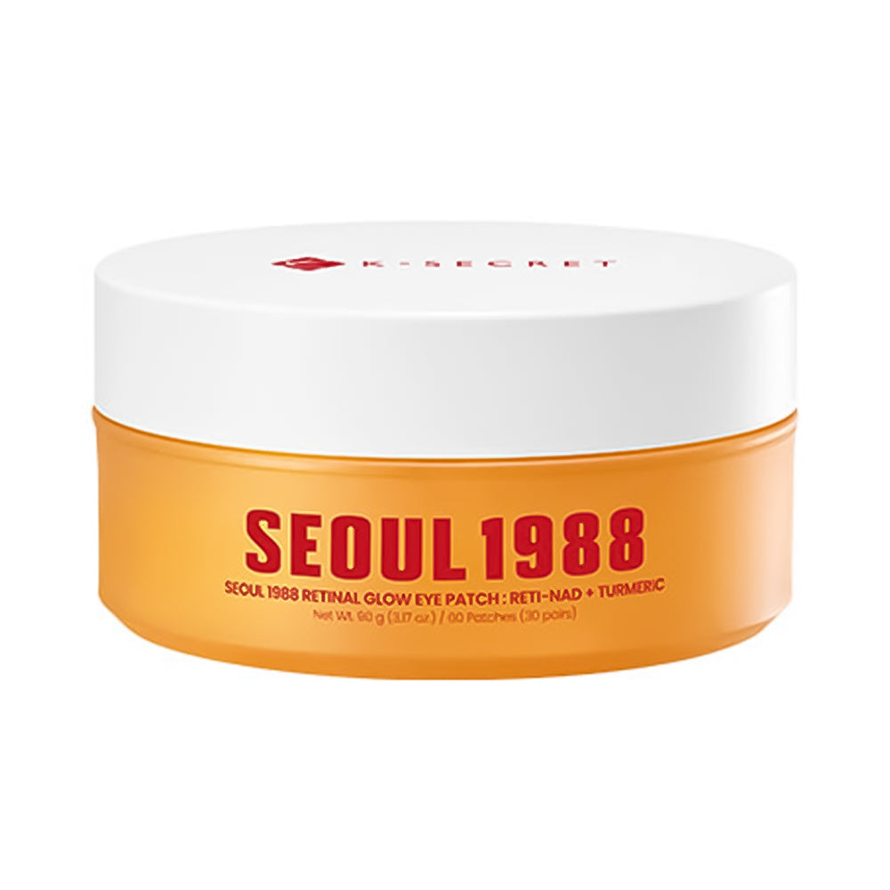 A jar of K-SECRET Seoul 1988 Retinal Glow Eye Patch on a plain white background. The product container has a white lid and a bright orange body with red text.