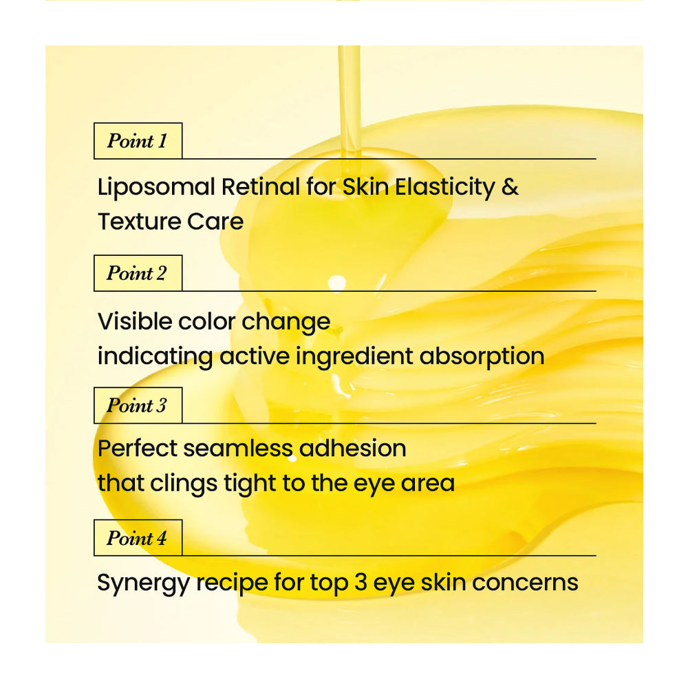 A text-based informational graphic on a pale yellow background with a glossy stream of golden oil flowing down the right side. Four labeled points are listed on the left: Point 1 mentions liposomal retinal for skin elasticity and texture care; Point 2 notes a visible color change indicating active ingredient absorption; Point 3 describes perfect seamless adhesion that clings to the eye area; Point 4 says it is a synergy recipe for top 3 eye skin concerns.