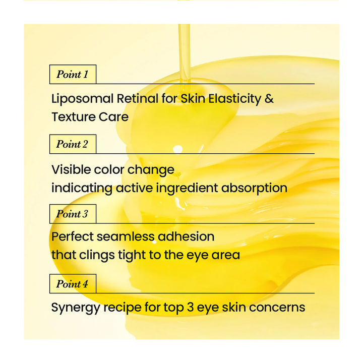 A text-based informational graphic on a pale yellow background with a glossy stream of golden oil flowing down the right side. Four labeled points are listed on the left: Point 1 mentions liposomal retinal for skin elasticity and texture care; Point 2 notes a visible color change indicating active ingredient absorption; Point 3 describes perfect seamless adhesion that clings to the eye area; Point 4 says it is a synergy recipe for top 3 eye skin concerns.