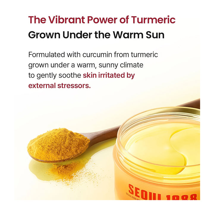 A jar of golden-yellow turmeric face mask or cream next to a wooden spoon filled with yellow powder, on a white background with promotional text about turmeric.
