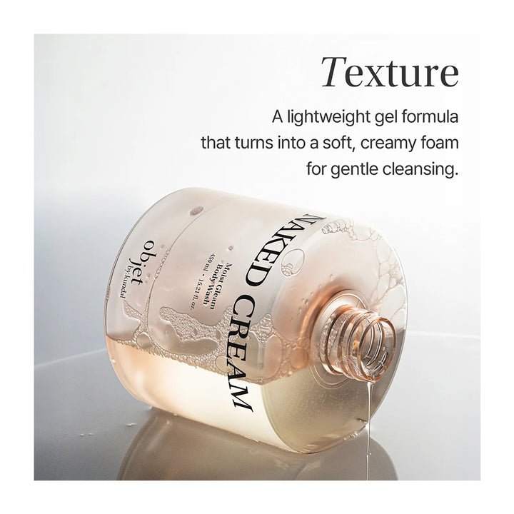 A clear bottle of Object Naked Cream Cleanser lying on its side with a drop of gel dripping from the open neck. The image includes text overlays reading &