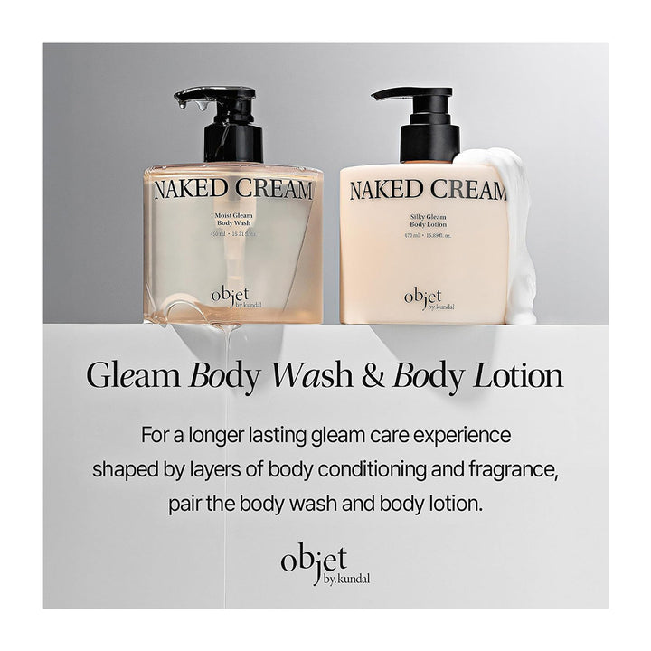 Two Objet by Kundal body care products, Naked Cream Body Wash and Naked Cream Body Lotion, displayed side-by-side with descriptive text below on a light gray background.