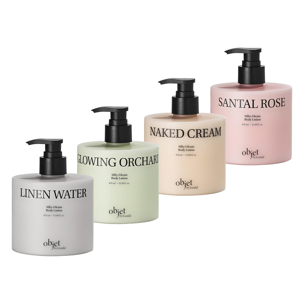 Four Objet body lotions in matte pump bottles arranged diagonally on a white background: LINEN WATER in light gray, GLOWING ORCHID in pale mint green, NAKED CREAM in soft beige, and SANTAL ROSE in light pink.