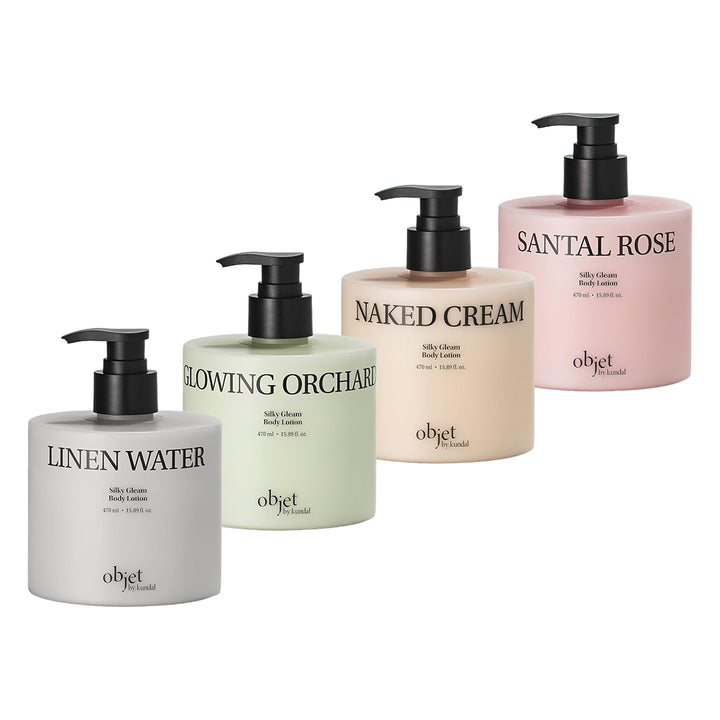 Four Objet body lotions in matte pump bottles arranged diagonally on a white background: LINEN WATER in light gray, GLOWING ORCHID in pale mint green, NAKED CREAM in soft beige, and SANTAL ROSE in light pink.
