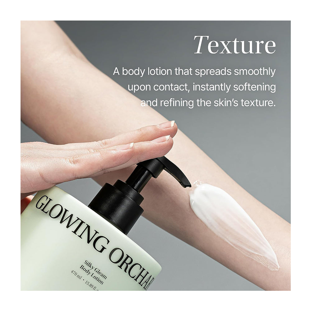 A hand pumps glowing orchid silk smoothing body lotion onto an arm, with text describing the lotion&