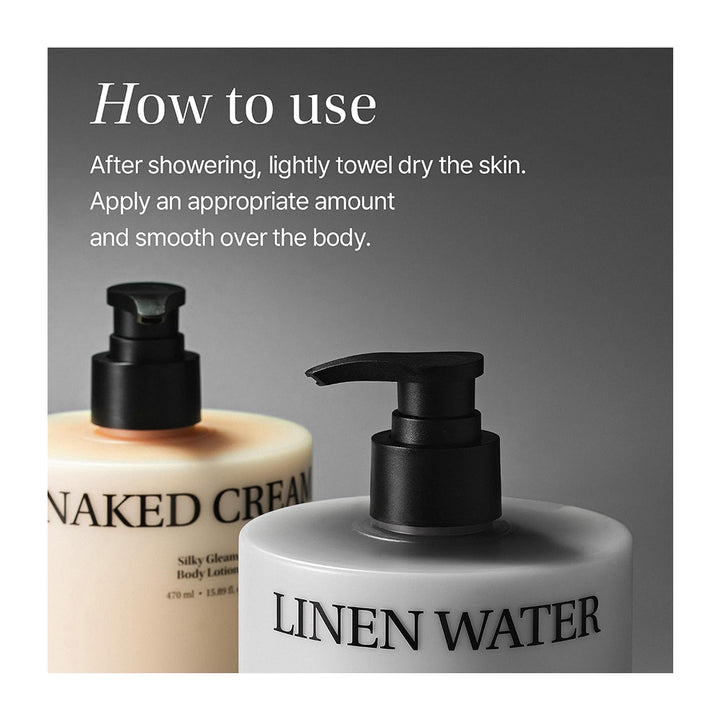 Two pump bottles of body lotion on a dark gray background with white text reading &