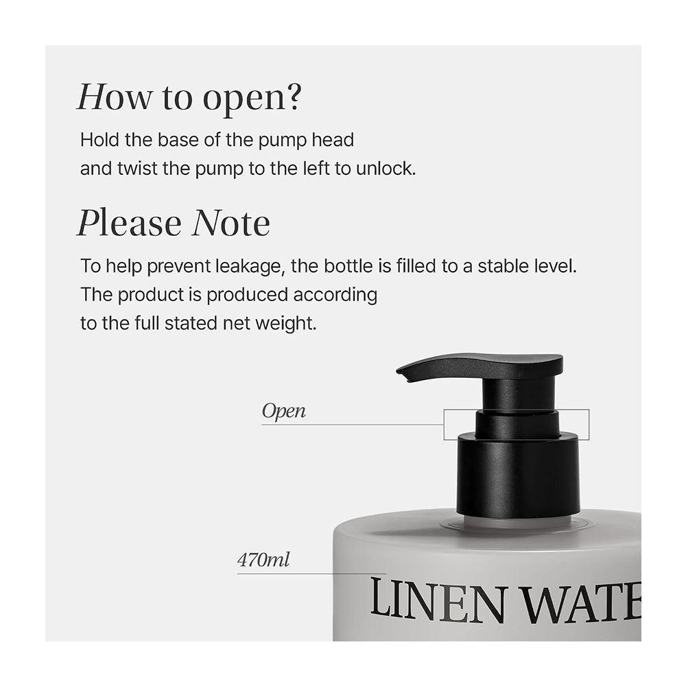 Instruction graphic showing how to open a linen water bottle with a pump dispenser. The image includes text instructions, a note about leakage, and a close-up of the pump with an &