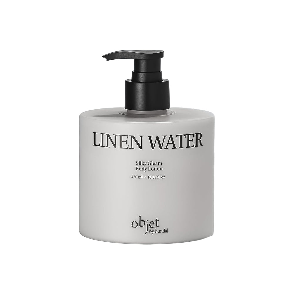 A bottle of objet by saandal Linen Water Silky Cream Body Lotion with a black pump dispenser on a clean white background.