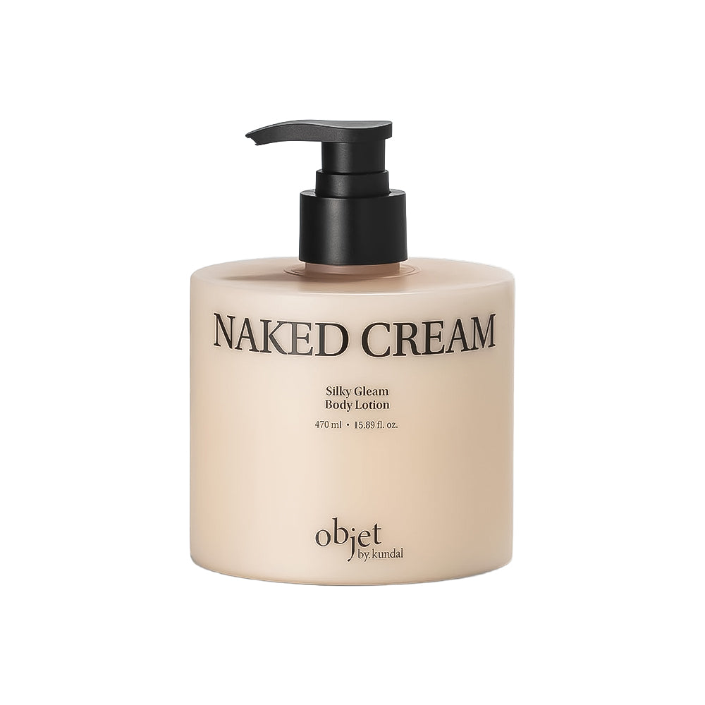 A bottle of objet by kandal Naked Cream Silky Gloom Body Lotion, featuring a matte beige bottle with a black pump dispenser, set against a plain white background.